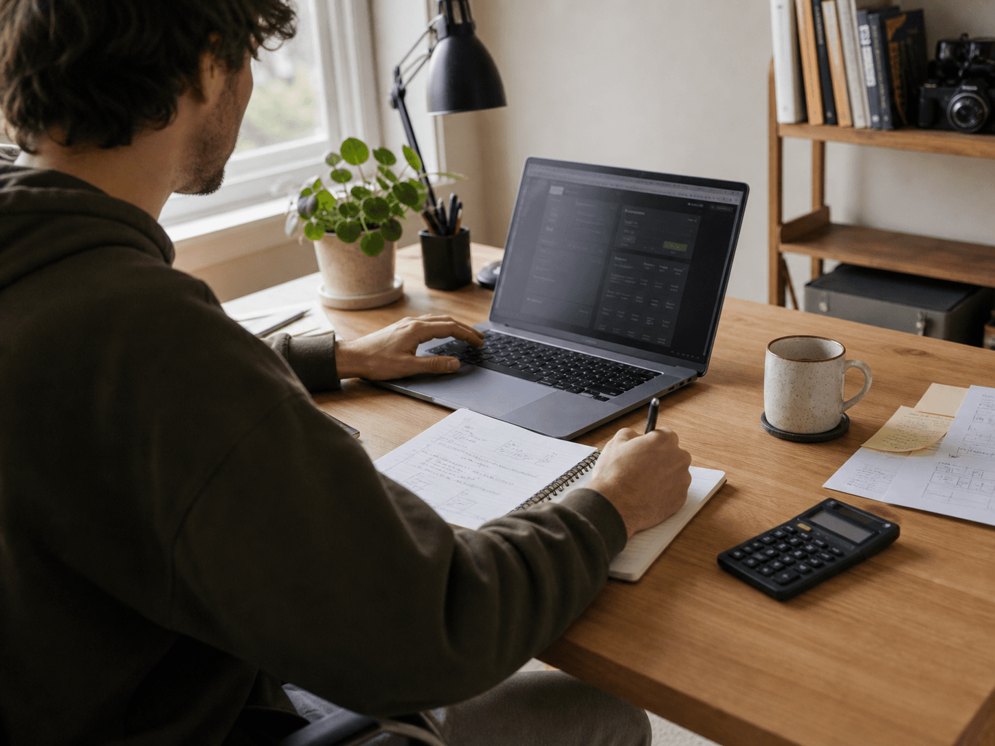 Independent developer planning a software project budget at a desk